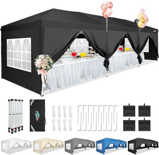 COBIZI 10x30 Canopy Party Tent Tent with 8 Sidewalls,Waterproof UPF 50+ 0utdoor Wedding Event Tents for Parties Backyard Pop up Canopy Gazebo with 4 Sand Bags&Carry Bags,Black