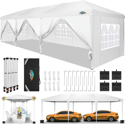 COBIZI 10x30 Pop Up Canopy Party Tent 10x30 Canopy Tent with 8 Sidewalls,Waterproof UPF 50+ 0utdoor Wedding Event Tents for Parties Backyard Canopy Gazebo with 4 Sand Bags&Carry Bags,White
