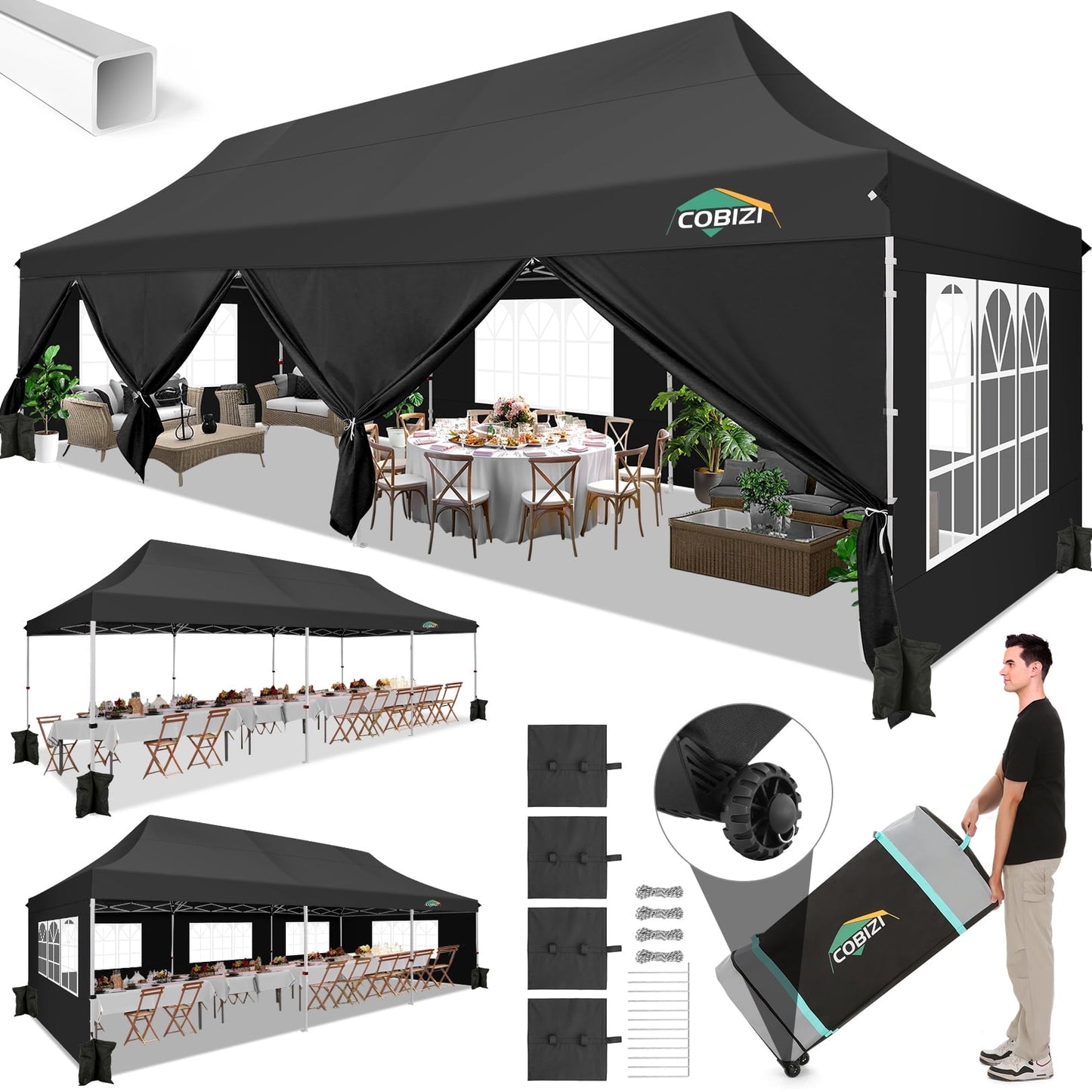 COBIZI 10x30 Pop-up Canopy Outdoor Wedding Party Tent Patio Gazebo Commercial Canopy Tent with Sidewalls Black
