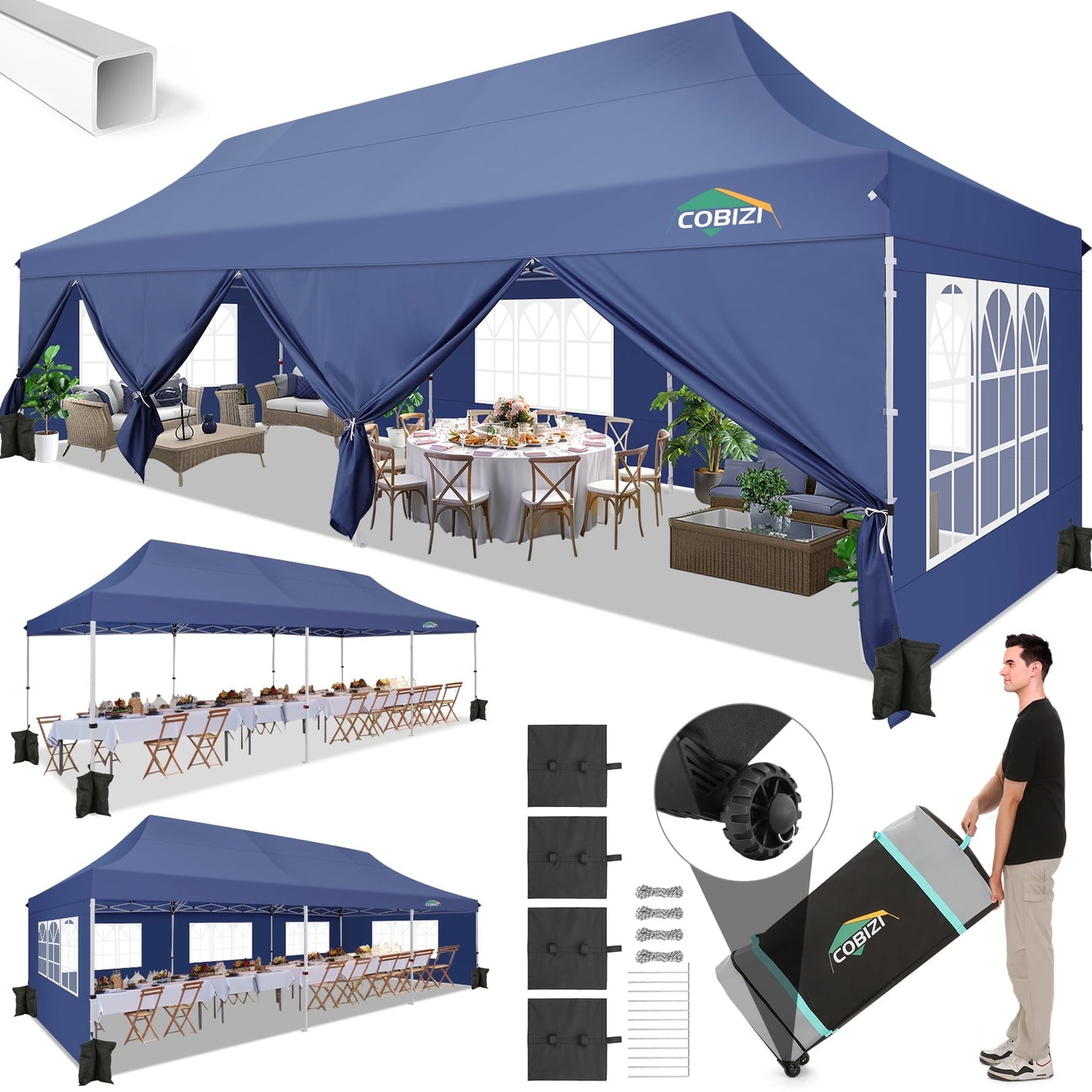 COBIZI 10x30 Pop-up Canopy Outdoor Wedding Party Tent Patio Gazebo Commercial Canopy Tent with Sidewalls Dark Blue