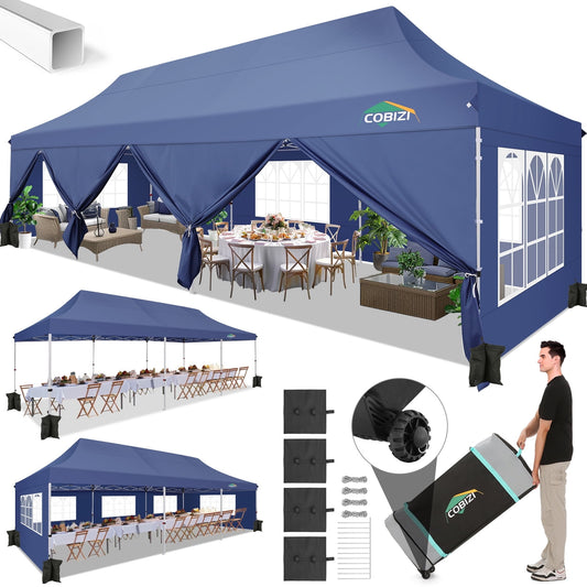 COBIZI 10x30 Pop-up Canopy Outdoor Wedding Party Tent Patio Gazebo Commercial Canopy Tent with Sidewalls Dark Blue