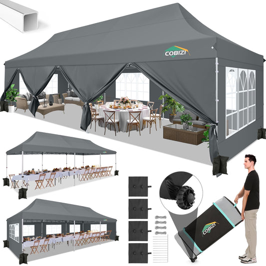 COBIZI 10x30 Pop-up Canopy Outdoor Wedding Party Tent Patio Gazebo Commercial Canopy Tent with Sidewalls Gray