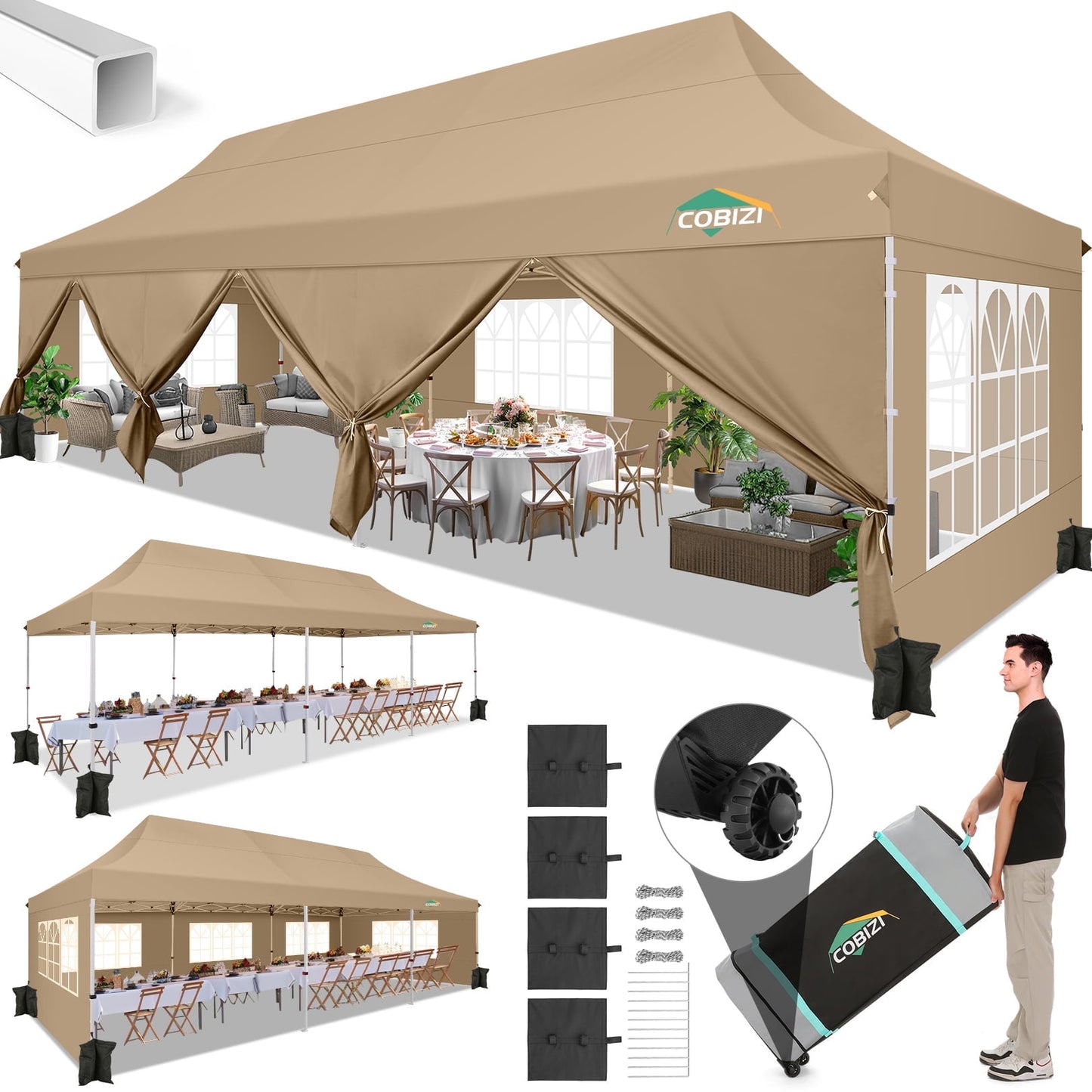 COBIZI 10x30 Pop-up Canopy Outdoor Wedding Party Tent Patio Gazebo Commercial Canopy Tent with Sidewalls Khaki