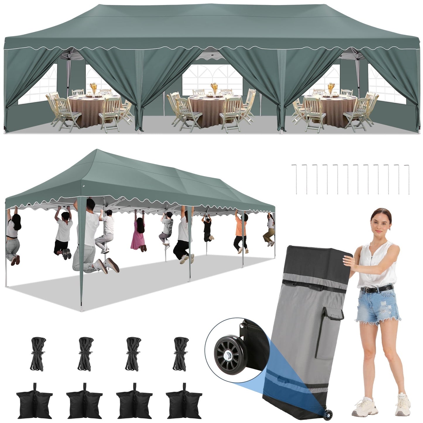 COBIZI 10x30 Pop-up Canopy Tent with 8 Sidewalls,Heavy Duty Canopy for Outdoor Events,Camping,Wedding,Canopy Gazebo with Roller Bag & 4 Weights Bags,UPF 50+ Windproof Waterproof,Gray