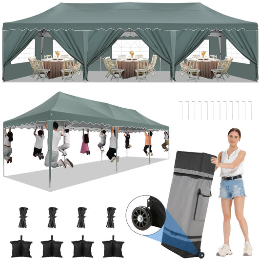 COBIZI 10x30 Pop-up Canopy Tent with 8 Sidewalls,Heavy Duty Canopy for Outdoor Events,Camping,Wedding,Canopy Gazebo with Roller Bag & 4 Weights Bags,UPF 50+ Windproof Waterproof,Gray