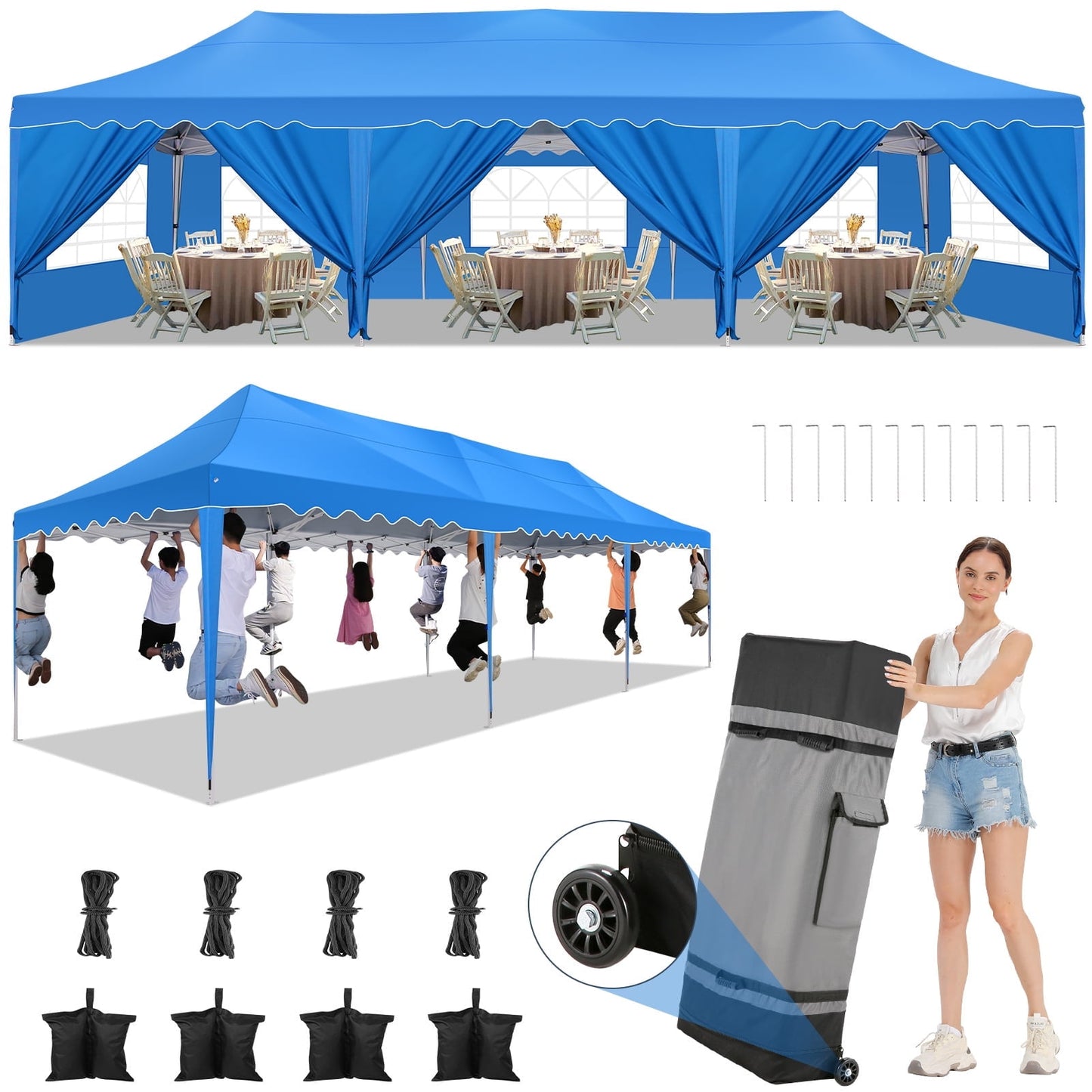COBIZI 10x30 Pop-up Canopy Tent with 8 Sidewalls,Heavy Duty Canopy for Outdoor Events,Camping,Wedding,Canopy Gazebo with Roller Bag & 4 Weights Bags,UPF 50+ Windproof Waterproof,Gray