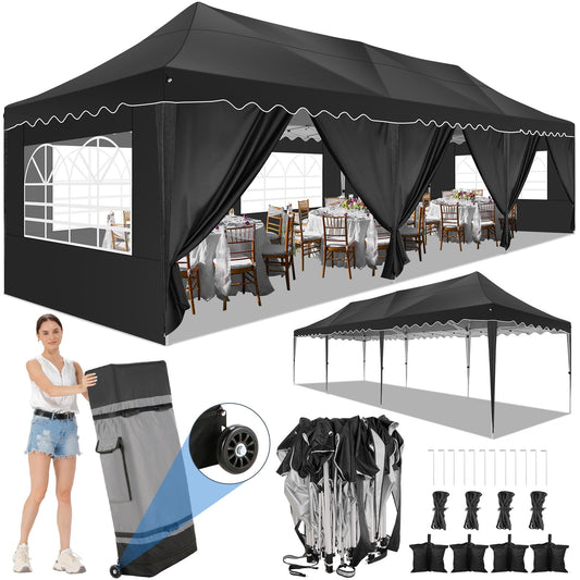 COBIZI 10x30 Pop-up Canopy Tent with 8 Sidewalls,UPF 50+ Windproof 2000+Waterproof Wedding Event Tents for Outdoor Events,Party Parties Canopy with Roller Bag,Black