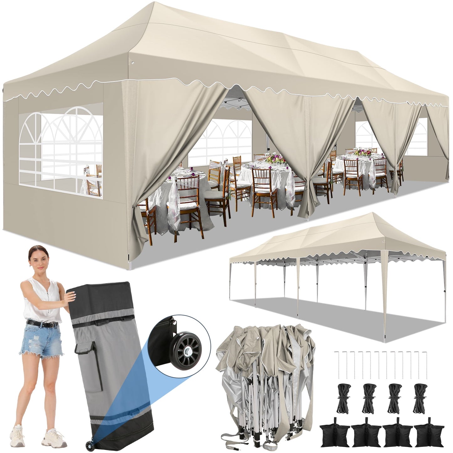 COBIZI 10x30 Pop-up Canopy Tent with 8 Sidewalls,UPF 50+ Windproof 2000+Waterproof Wedding Event Tents for Outdoor Events,Party Parties Canopy with Roller Bag,Khaki