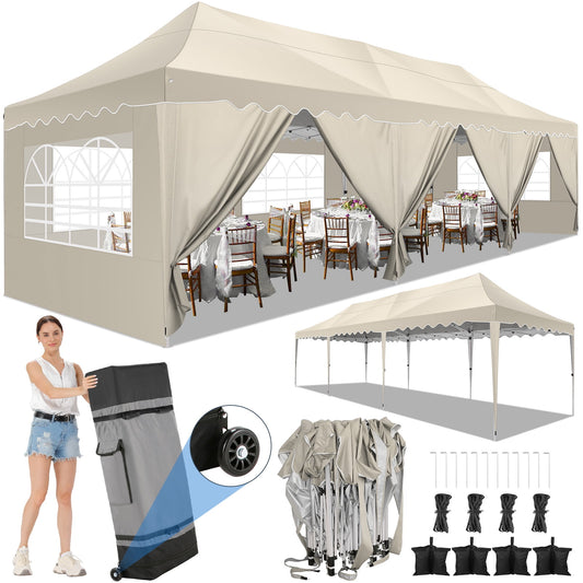 COBIZI 10x30 Pop-up Canopy Tent with 8 Sidewalls,UPF 50+ Windproof 2000+Waterproof Wedding Event Tents for Outdoor Events,Party Parties Canopy with Roller Bag,Khaki