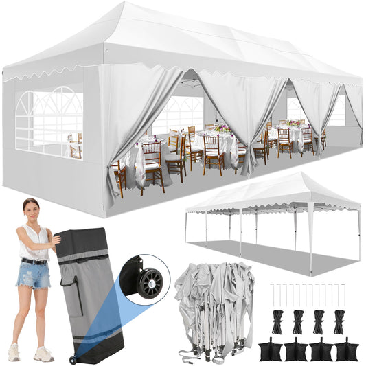 COBIZI 10x30 Pop-up Canopy Tent with 8 Sidewalls,UPF 50+ Windproof 2000+Waterproof Wedding Event Tents for Outdoor Events,Party Parties Canopy with Roller Bag,White