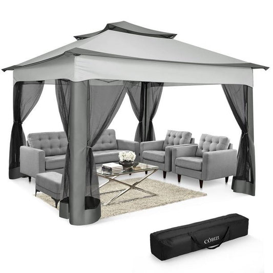 COBIZI 11x11 Pop up Gazebo Outdoor Canopy Gazebo Patio Gazebo with Mosquito Netting Canopy Shelter with 121 Square feet of Shade for Poolside, Garden, Party and Backyard, Gray