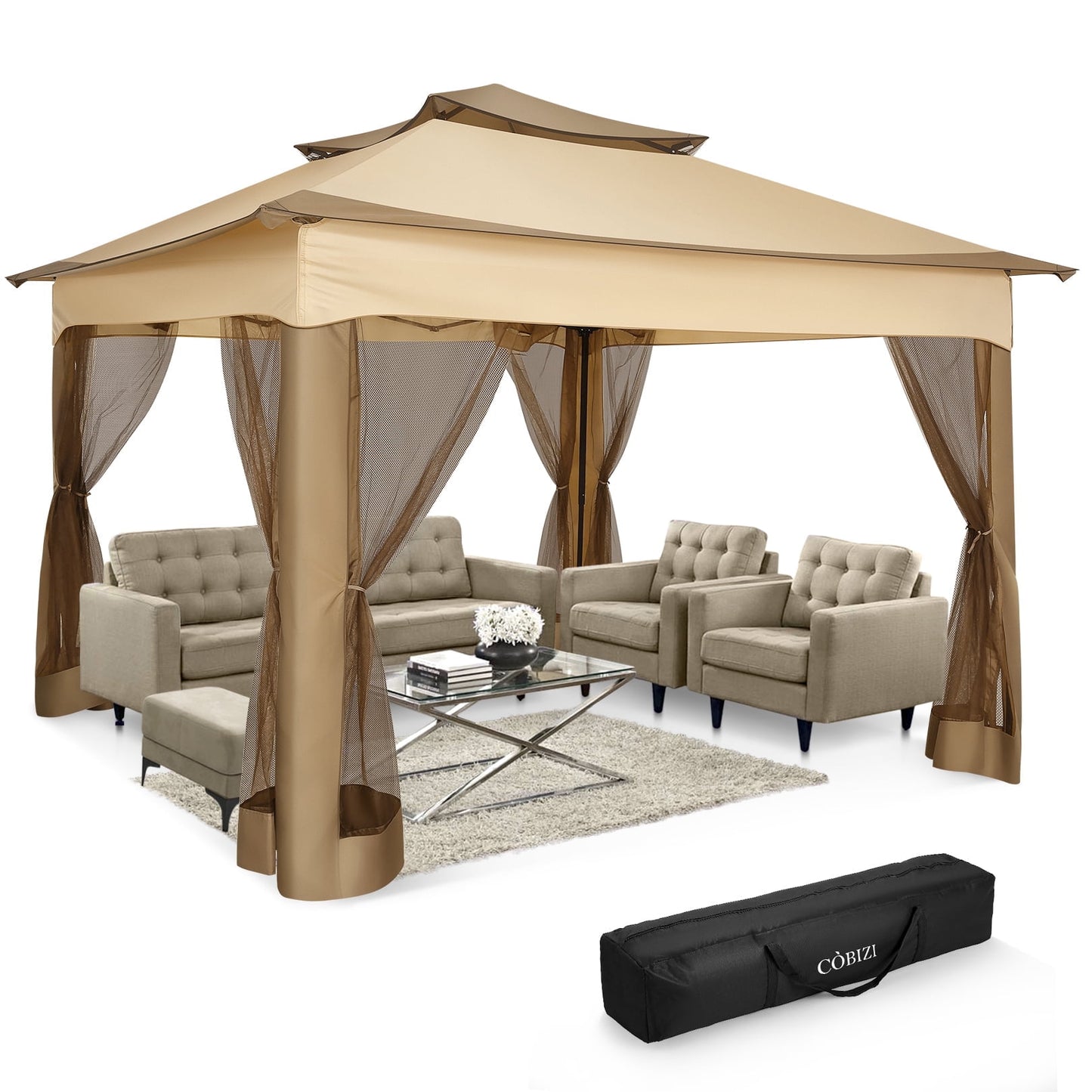 COBIZI 11x11 Pop up Gazebo Outdoor Canopy Gazebo Patio Gazebo with Mosquito Netting Canopy Shelter with 121 Square feet of Shade for Poolside, Garden, Party and Backyard, Khaki