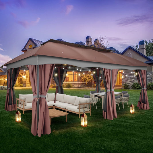 Hoteel 12X20 Heavy Duty Gazebo Outdoor Gazebo with Mosquito Netting and Curtains, Canopy Tent Deck Gazebo with Double-Arc Roof Ventiation and Metal Steel Frame Suitable for Lawn, Backyard, Patio,Brown