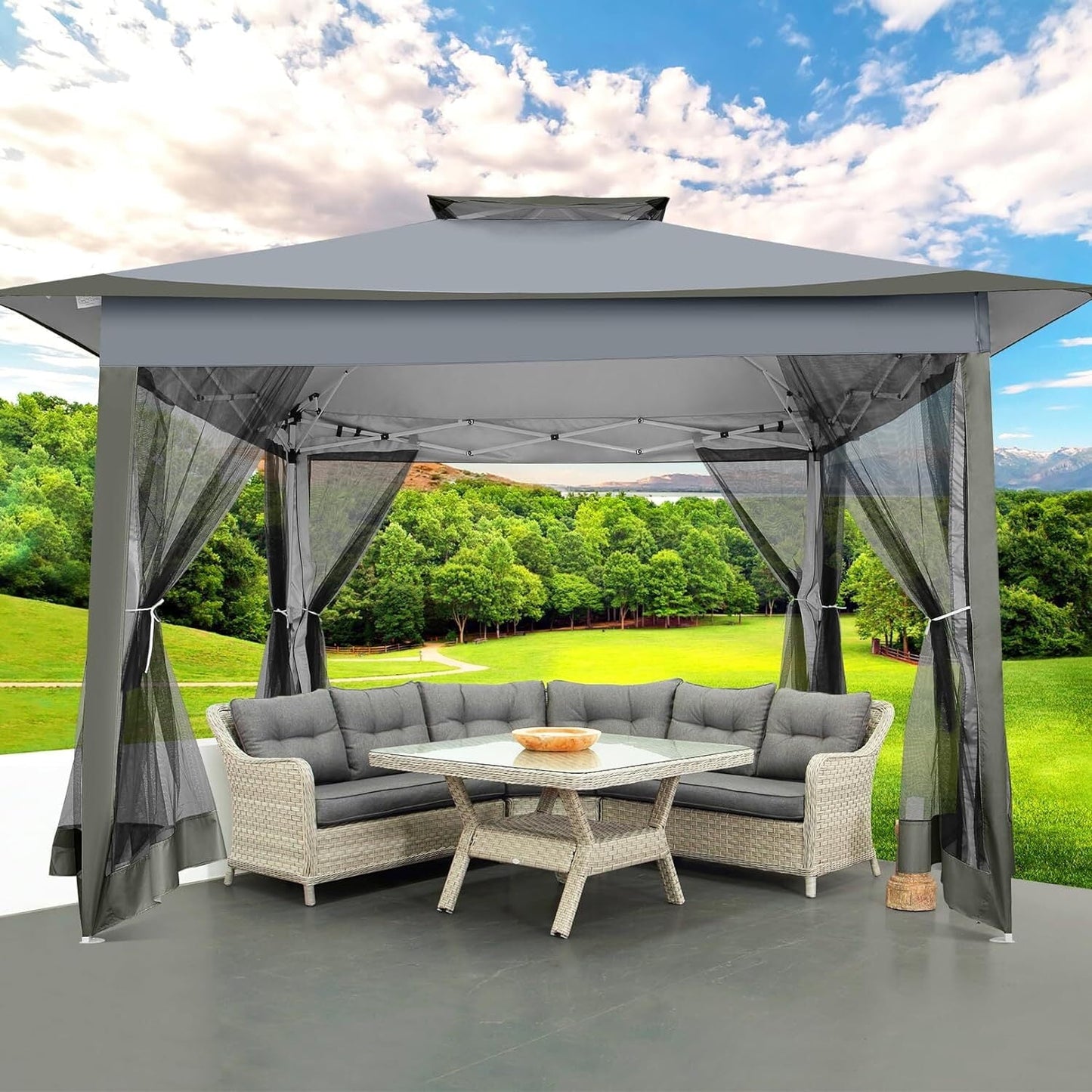 COBIZI 12x12 Outdoor Gazebo Pop-up Gazebo Canopy with Mosquito Netting Patio Tent Backyard Canopy with 2-Tiered Vented Top 3 Adjustable Height, Dark Grey