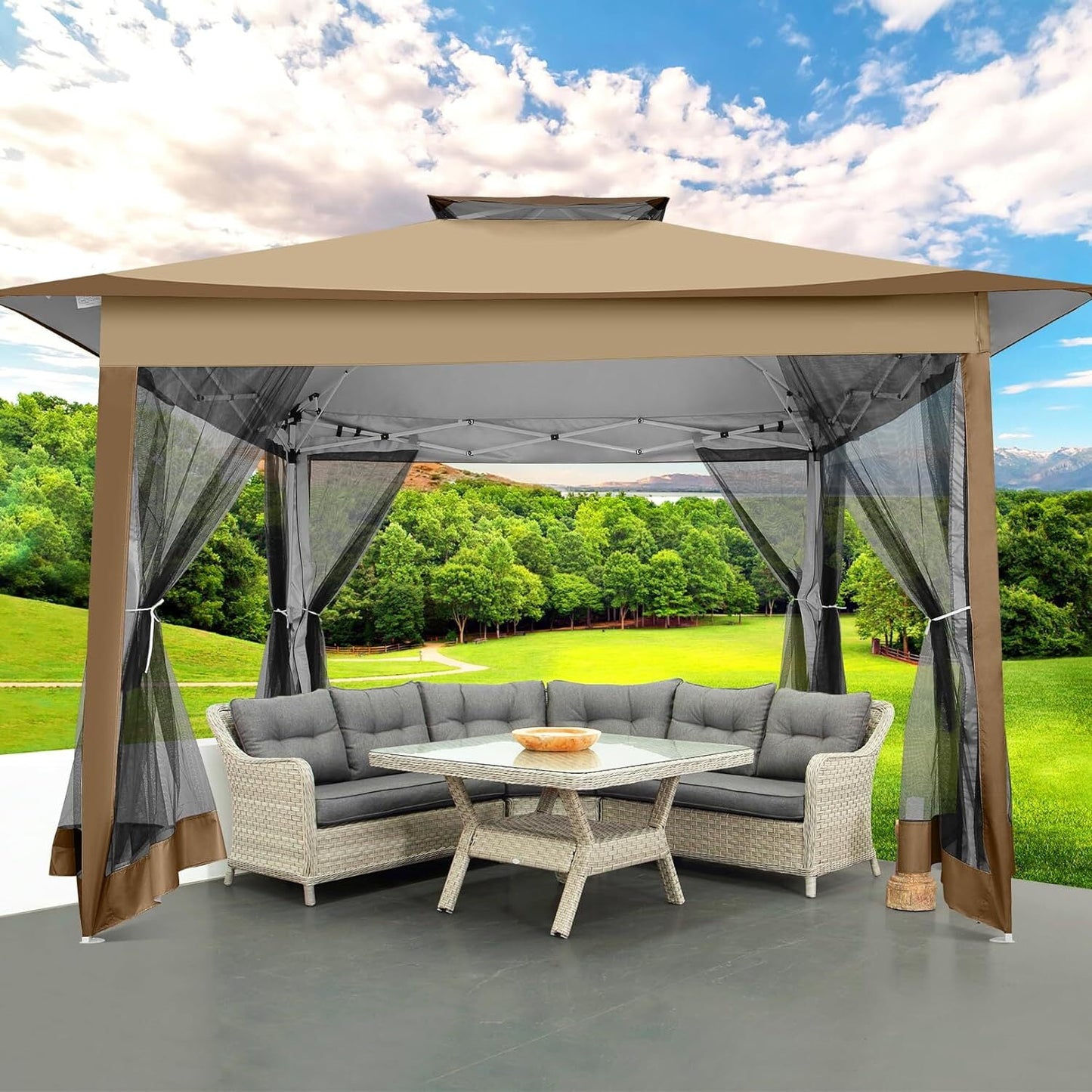 COBIZI 12x12 Zip Side Easy Outdoor Gazebo, Pop-up Canopy Mosquito Netting Patio Tent, Adjustable Height, Brown