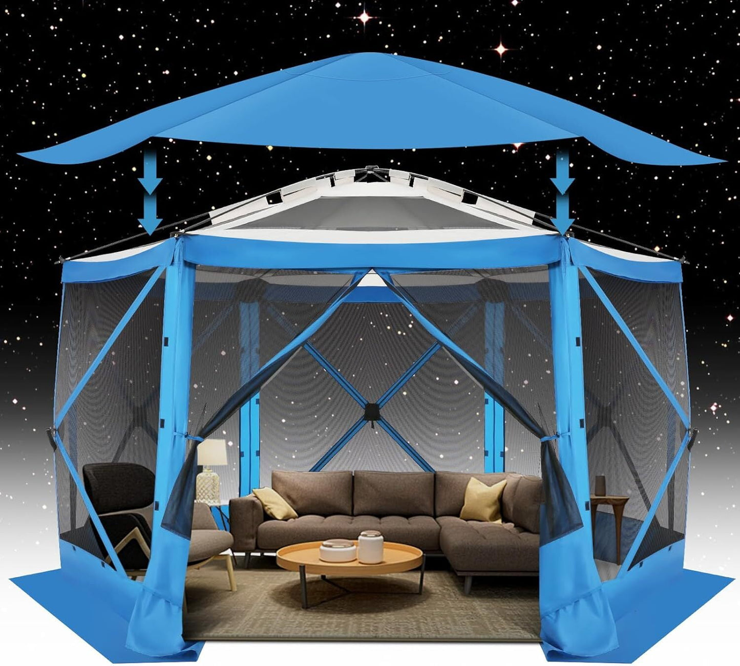 COBIZI 12x12 Pop-up Gazebo Starry Sky Screen Canopy Tent Screen House for Camping, Screen Room with Mosquito Netting, Hub Tent Instant Screened Canopy with Carrying Bag and Ground Stakes, Blue