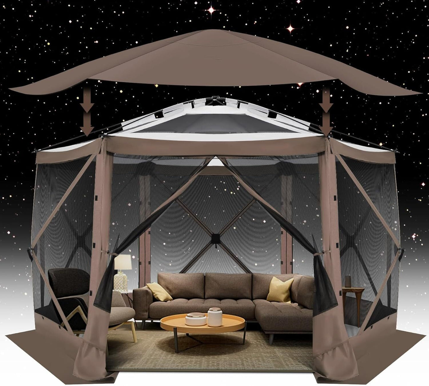 COBIZI 12x12 Pop-up Gazebo Starry Sky Screen Canopy Tent Screen House for Camping, Screen Room with Mosquito Netting, Hub Tent Instant Screened Canopy with Carrying Bag and Ground Stakes, Brown