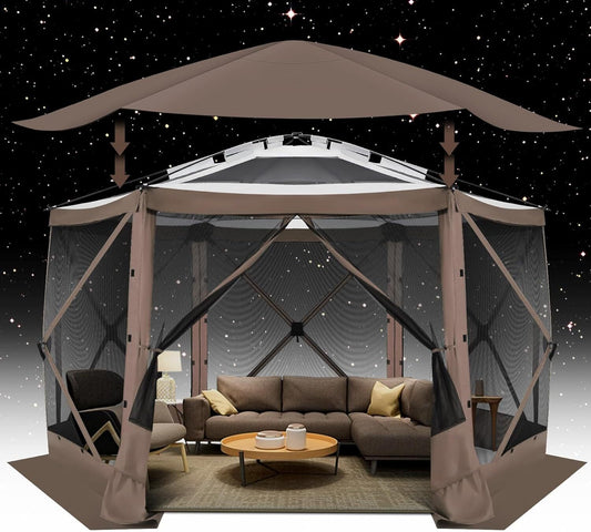 COBIZI 12x12 Pop-up Gazebo Starry Sky Screen Canopy Tent Screen House for Camping, Screen Room with Mosquito Netting, Hub Tent Instant Screened Canopy with Carrying Bag and Ground Stakes, Brown