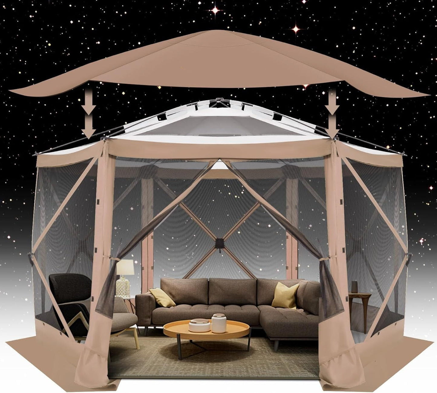 COBIZI 12x12 Pop-up Gazebo Starry Sky Screen Canopy Tent Screen House for Camping, Screen Room with Mosquito Netting, Hub Tent Instant Screened Canopy with Carrying Bag and Ground Stakes, Khaki