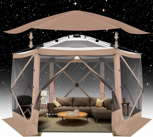 COBIZI 12x12 Pop-up Gazebo Starry Sky Screen Canopy Tent Screen House for Camping, Screen Room with Mosquito Netting, Hub Tent Instant Screened Canopy with Carrying Bag and Ground Stakes, Khaki