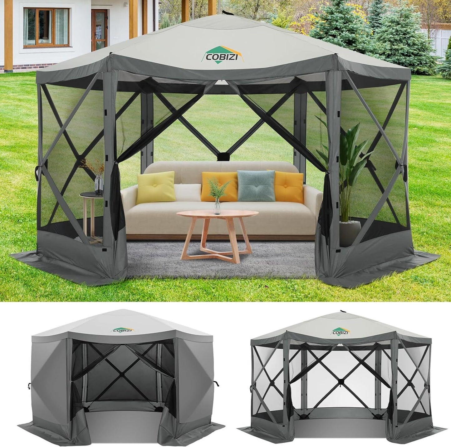COBIZI 12x12 Pop Up Canopy Gazebo, Outdoor Canopy Tent Screen House with 6 sidewalls and Netting for Camping, Waterproof, UV Resistant, Ez Set-up Party Tent with Carrying Bag and Ground Stakes,Blue