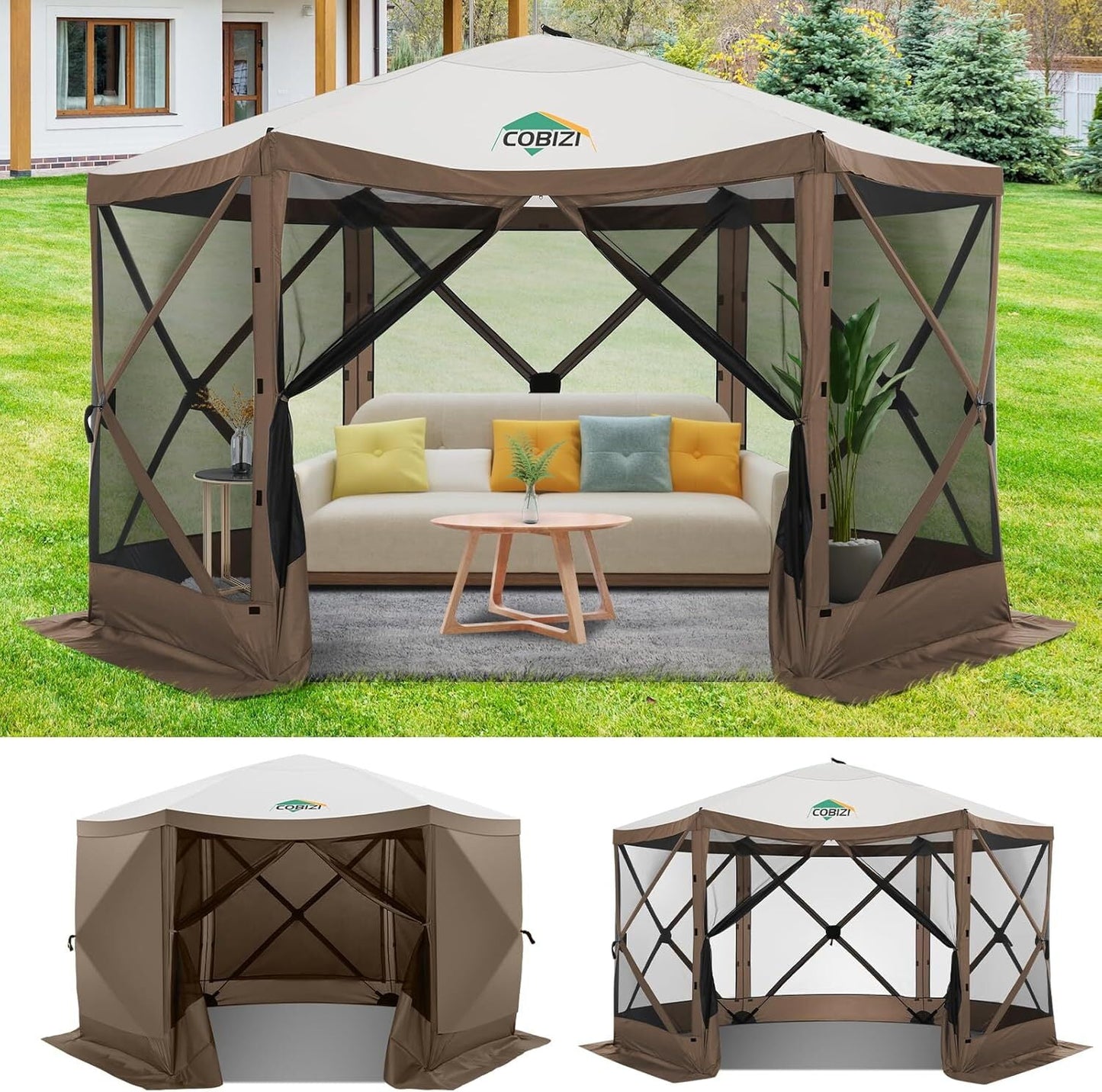 COBIZI 12x12 Pop Up Canopy Gazebo, Outdoor Canopy Tent Screen House with 6 sidewalls and Netting for Camping, Waterproof, UV Resistant, Ez Set-up Party Tent with Carrying Bag and Ground Stakes,Blue