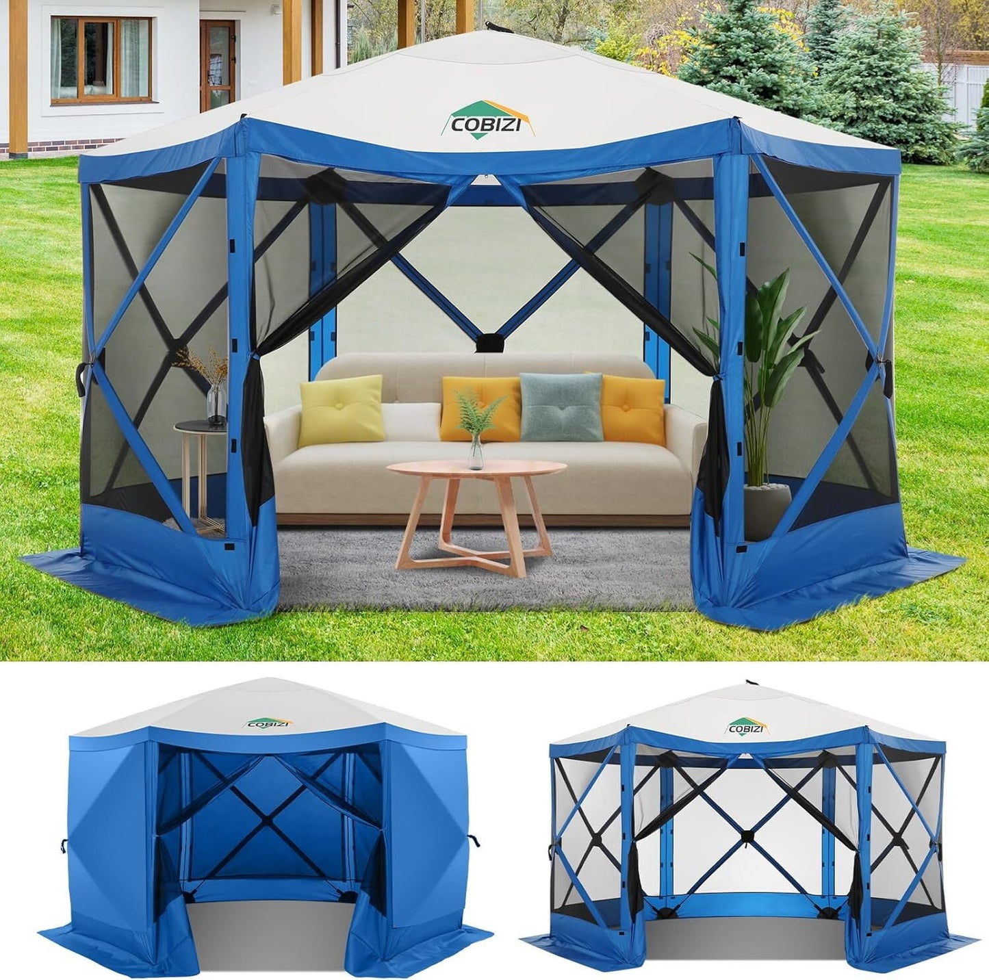 COBIZI 12x12 Pop Up Canopy Gazebo, Outdoor Canopy Tent Screen House with 6 sidewalls and Netting for Camping, Waterproof, UV Resistant, Ez Set-up Party Tent with Carrying Bag and Ground Stakes,Blue
