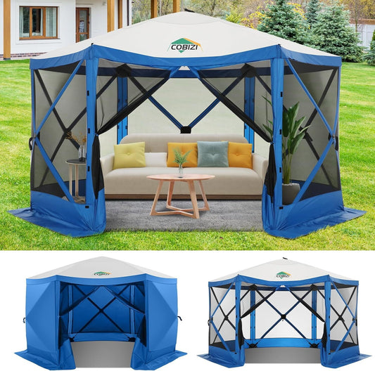 COBIZI 12x12 Pop Up Canopy Gazebo, Outdoor Canopy Tent Screen House with 6 sidewalls and Netting for Camping, Waterproof, UV Resistant, Ez Set-up Party Tent with Carrying Bag and Ground Stakes,Blue