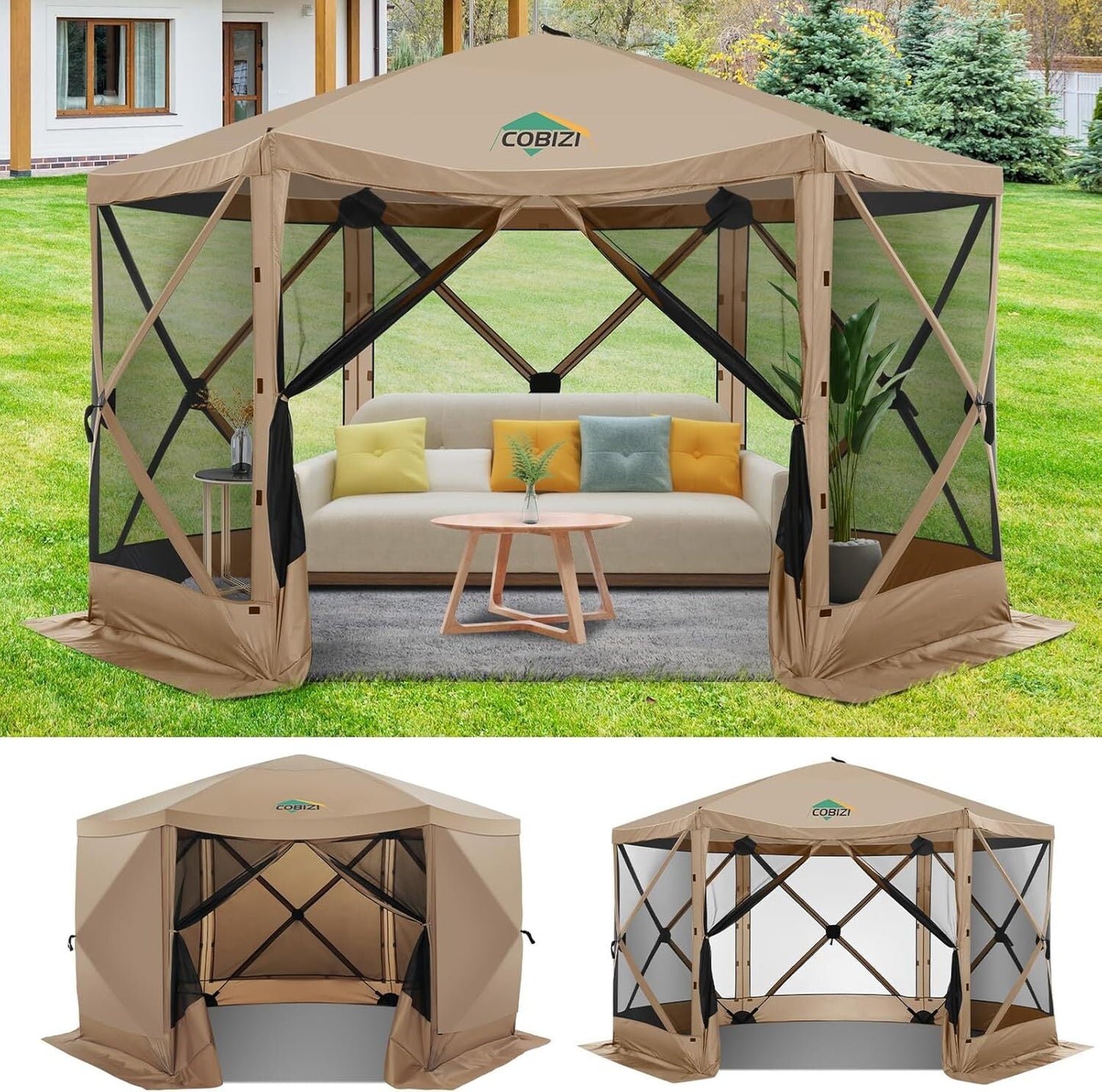 COBIZI 12x12 Pop Up Canopy Gazebo, Outdoor Canopy Tent Screen House with 6 sidewalls and Netting for Camping, Waterproof, UV Resistant, Ez Set-up Party Tent with Carrying Bag and Ground Stakes,Blue