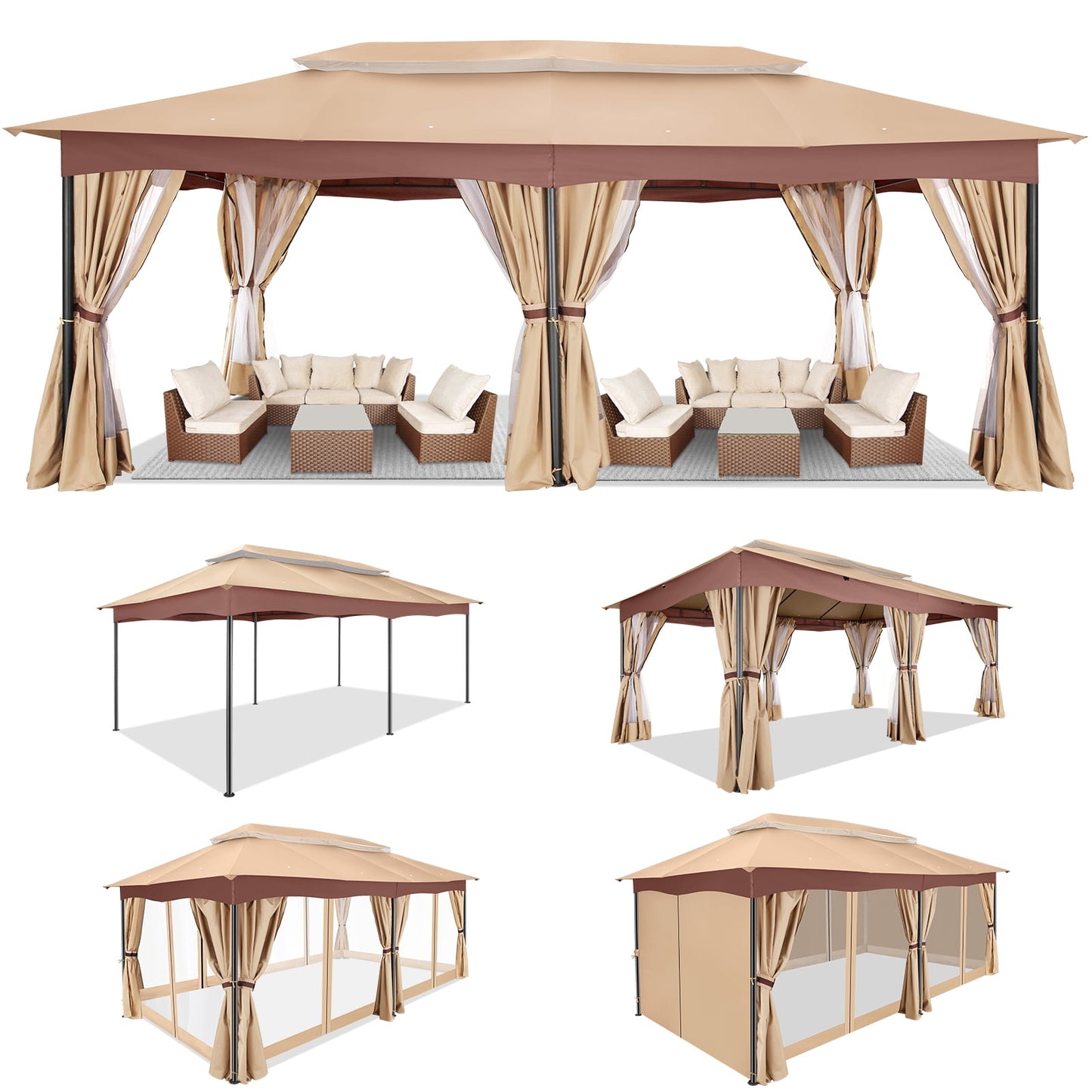 COBIZI 12x20 Heavy Duty Canopy Gazebo Outdoor Gazebo with 6 Netting and Curtains 100% Waterproof Party Wedding Tents with Double Roof and Metal Steel Frame for Backyard, Patio, Lawn, Garden, Brown