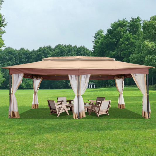 COBIZI 12x20 Outdoor Gazebo with Mosquito Netting Large Backyard Gazebo Tents for Patio, Deck, Party, Backyard with Double Roof Soft Top Screen Gazebo with Metal Steel Frame for Outside, Khaki
