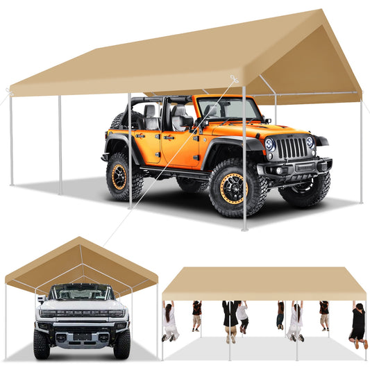 COBIZI 12x20ft Carport Heavy Duty, Portable Car Garage with Built-in Sandbags, Waterproof Car Canopy for Truck, Boat, SUV with All-season Tarp, Khaki