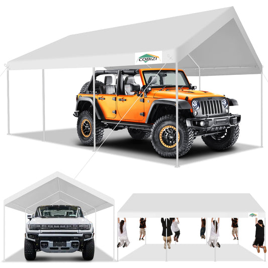 COBIZI 12x20ft Carport Heavy Duty, Portable Car Garage with Built-in Sandbags, Waterproof Car Canopy for Truck, Boat, SUV with All-season Tarp, White