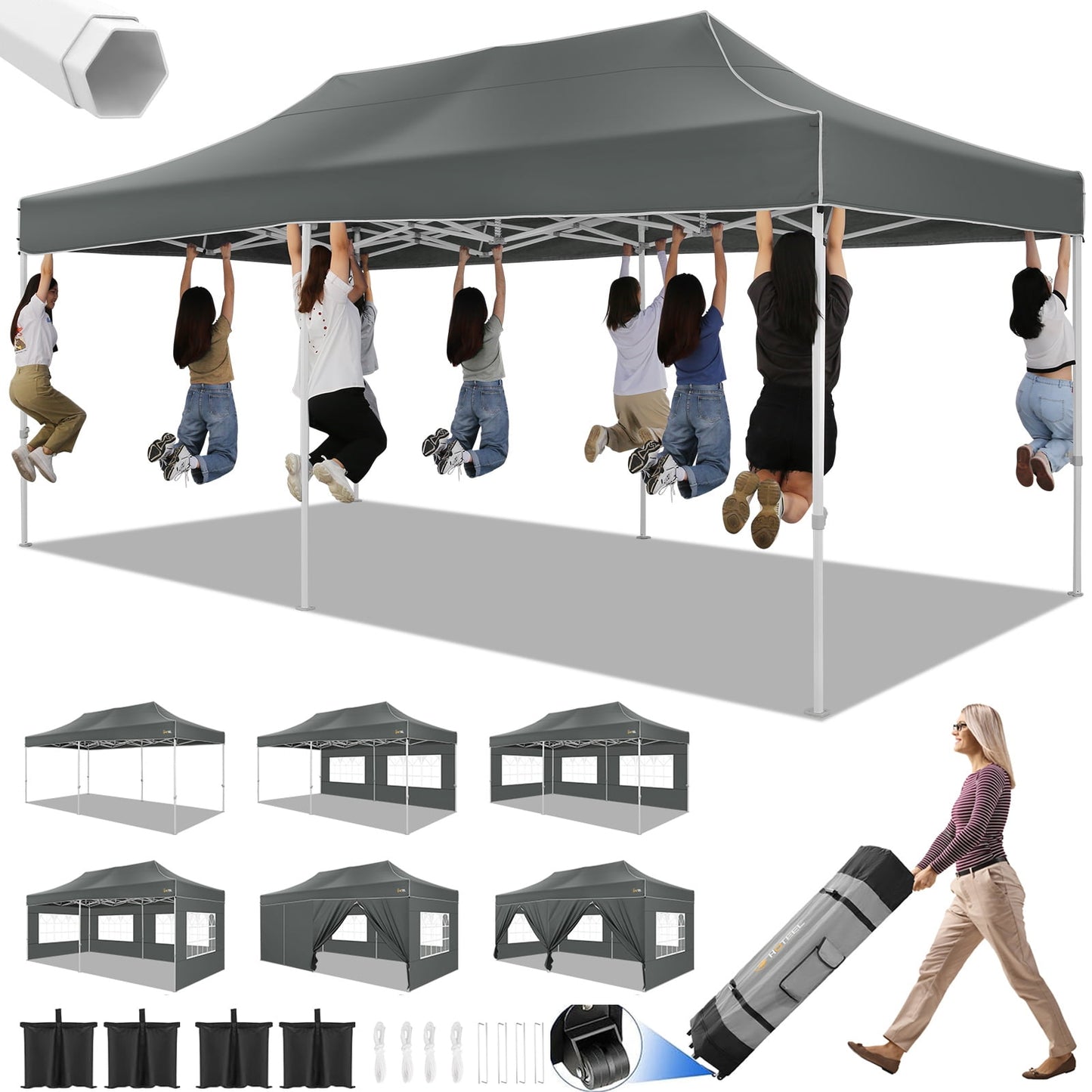 COBIZI Canopy 10x20 Pop up Canopy with 6 Sidewalls Heavy Duty Party Tent Outdoor Party Event Gazebo Commercial Canopy Tents for Parties Wedding Outdoor Events,Gray