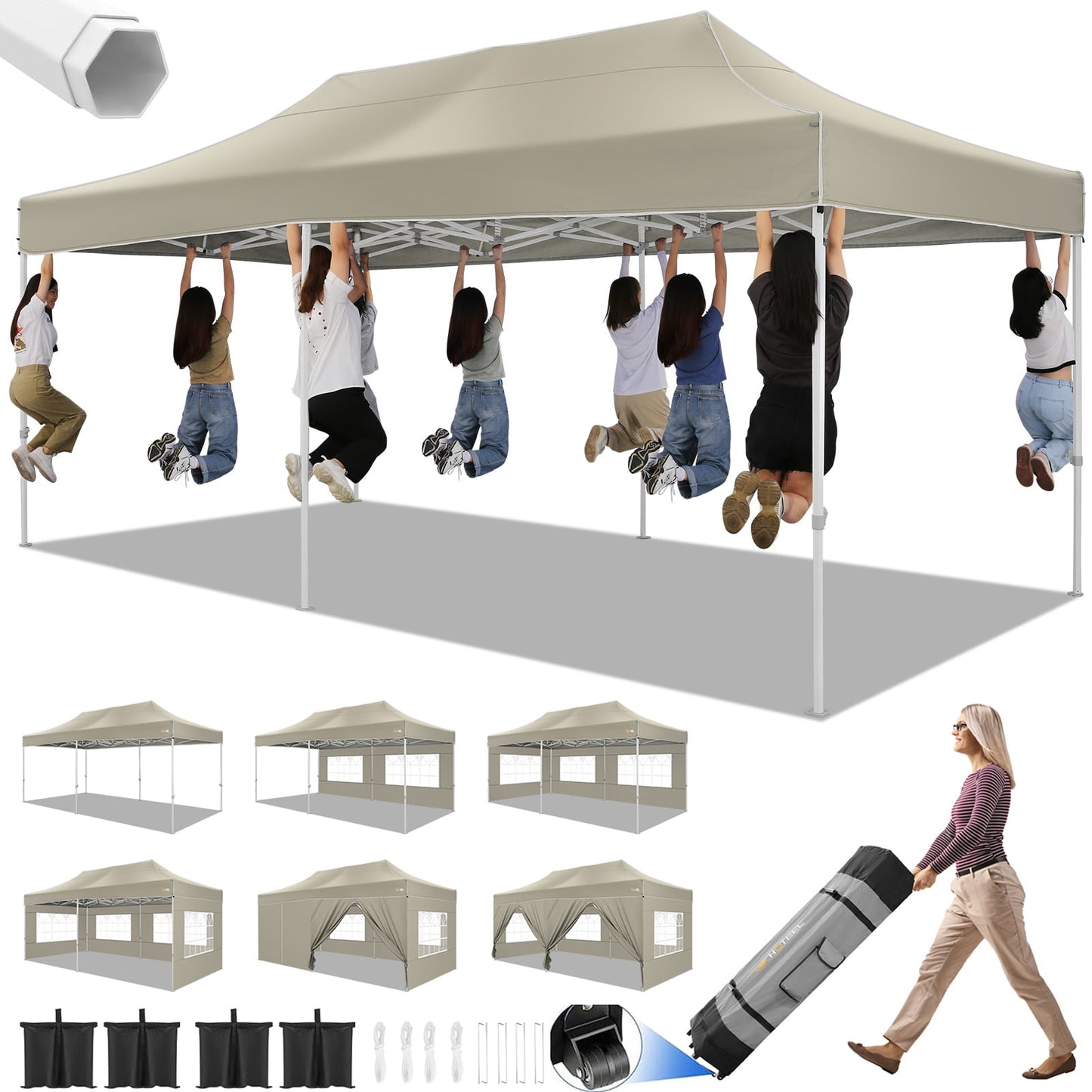 COBIZI Canopy 10x20 Pop up Canopy with 6 Sidewalls Heavy Duty Party Tent Outdoor Party Event Gazebo Commercial Canopy Tents for Parties Wedding Outdoor Events,Khaki