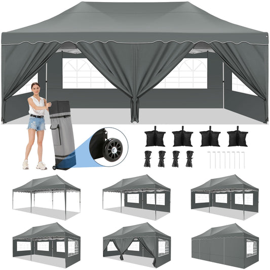 COBIZI Canopy Tent 10X20 Pop up Hollow Tent with 6 Removable Side Walls,Outdoor Event Party Canopy,Instant Portable,Suitable for Parties,Weddings,Camping and Beaches,with Wheeled Bag,Black