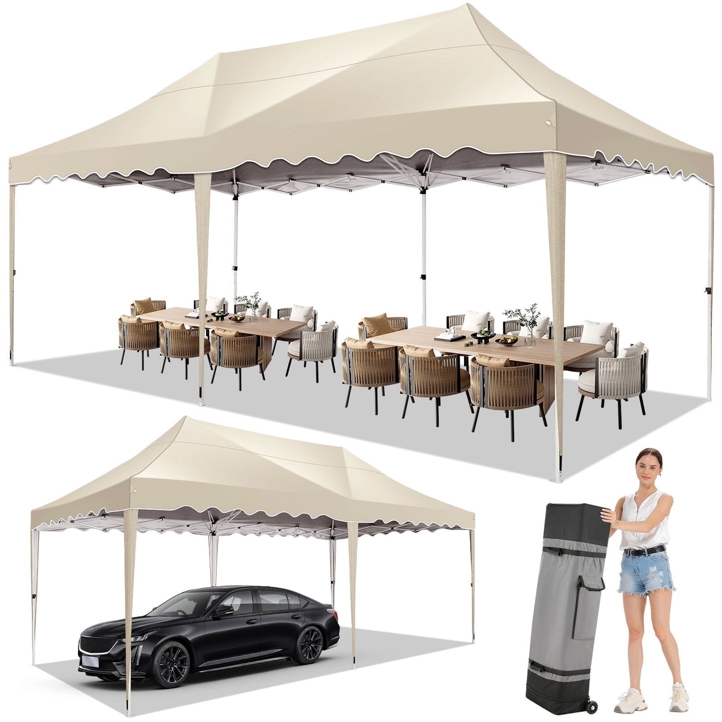 COBIZI Canopy Tent 10X20 Pop-up Canopy with Trolley Case and Rolled Edges,Instant Portable Tent for Outdoor Events,Great for Parties,Weddings,Camping and Beach,Khaki