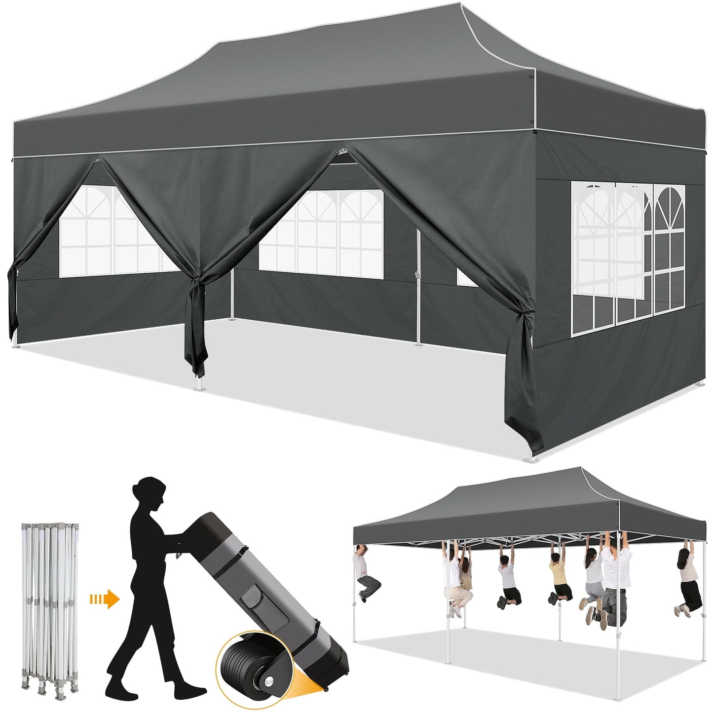 COBIZI 10x20 Pop up Heavy Duty Canopy Tent with 6 Removable Sidewalls,Party Tent for Weddings,Beaches,Outdoor Events,Commercial Seasonal Wind UV 50+& Waterproof&Sunburn Protection,Gray