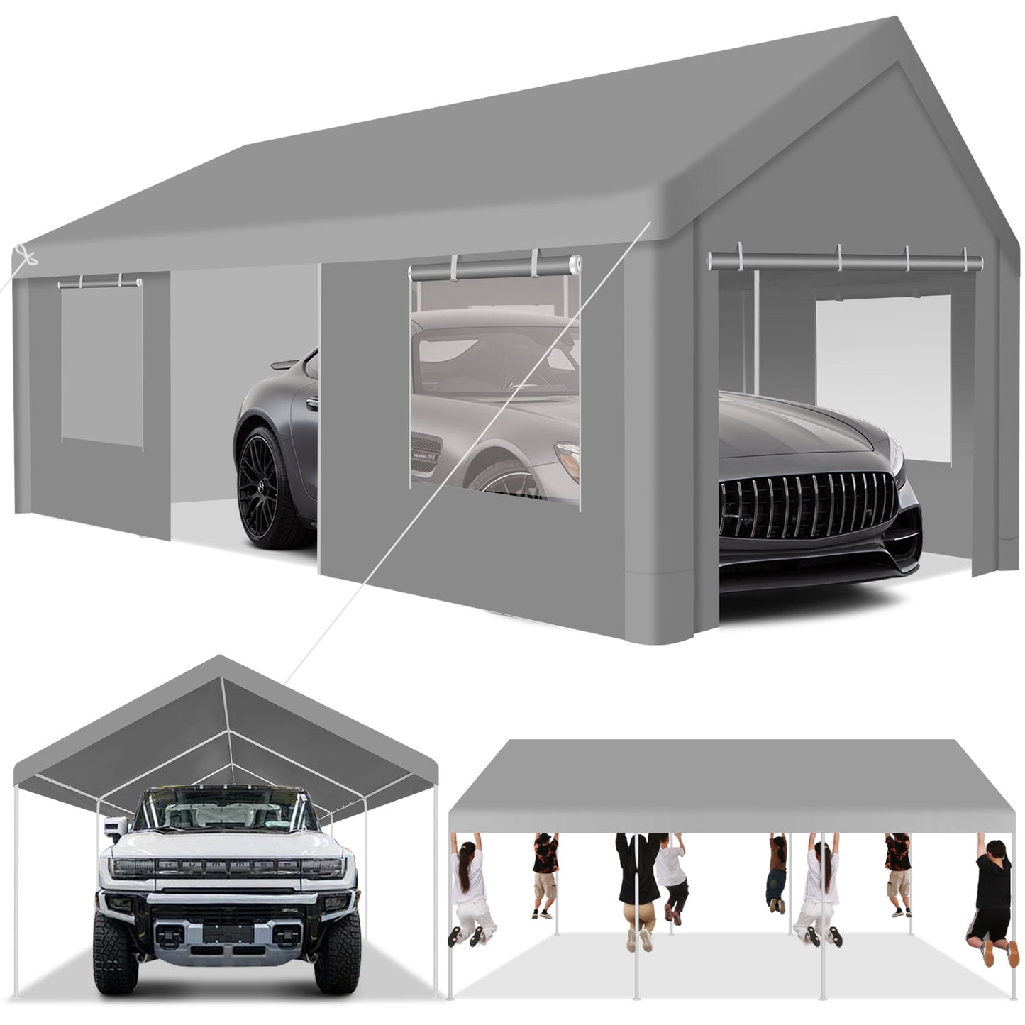 COBIZI Carport 12'x20' Large Heavy Duty Car Tent with Powder-Coated Steel Frame, Portable Garage with Removable Sidewalls & Doors, Car Canopy with All-Season Tarp for Outdoor Party, Birthday, Gray