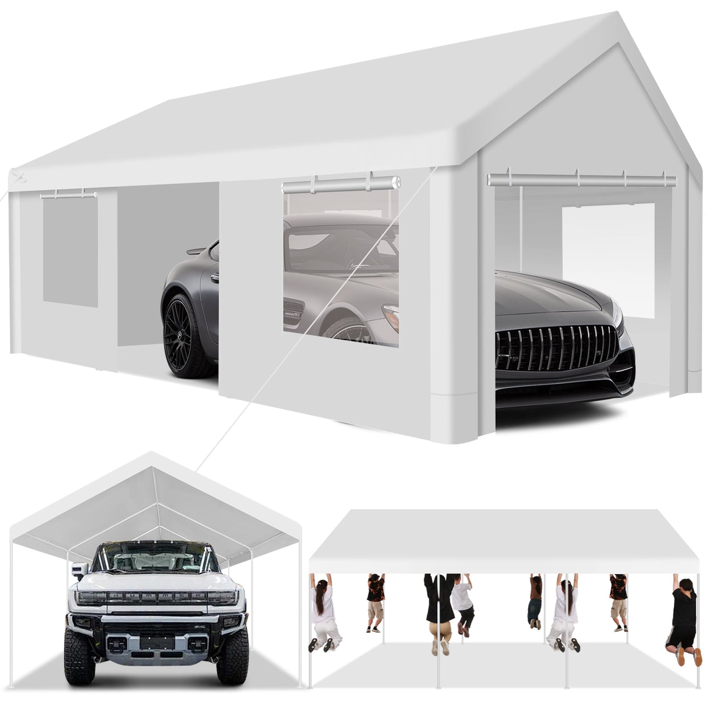 COBIZI Carport 12'x20' Large Heavy Duty Car Tent with Powder-Coated Steel Frame, Portable Garage with Removable Sidewalls & Doors, Car Canopy with All-Season Tarp for Outdoor Party, Birthday, Gray