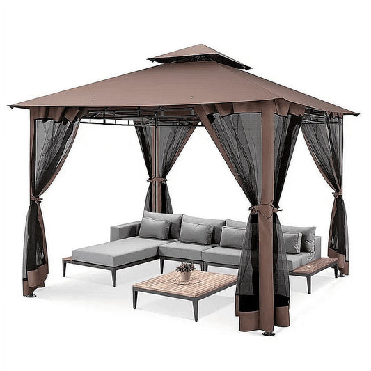 COBIZI Easy Assembly Outdoor Furniture Patio Canopy,10x10 Outdoor Gazebo with Mosquito Netting,Shade Tent for Party, Backyard, Deck, Patio Lawn & Garden,Brown