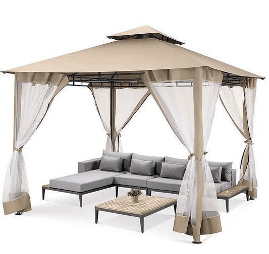 COBIZI Easy Assembly Outdoor Furniture Patio Canopy,10x10 Outdoor Gazebo with Mosquito Netting,Shade Tent for Party, Backyard, Deck, Patio Lawn & Garden,Khaki