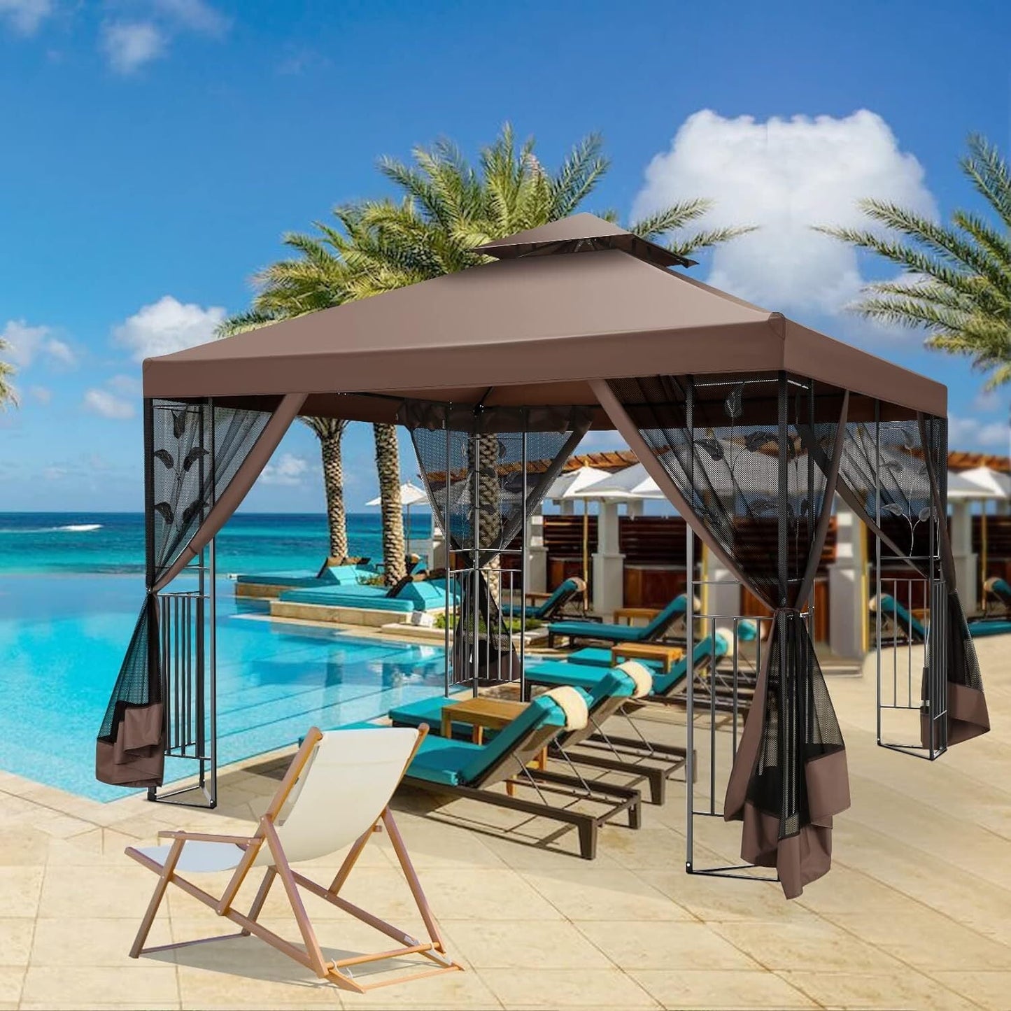 COBIZI Gazebo 10x10 Outdoor Gazebo Patio Gazebo with Mosquito Netting, Heavy Duty Gazebo Double Roof Outdoor Canopy with Sturdy Metal Frame Gazebo Tent for Patio, Deck, Backyard (Brown, New)