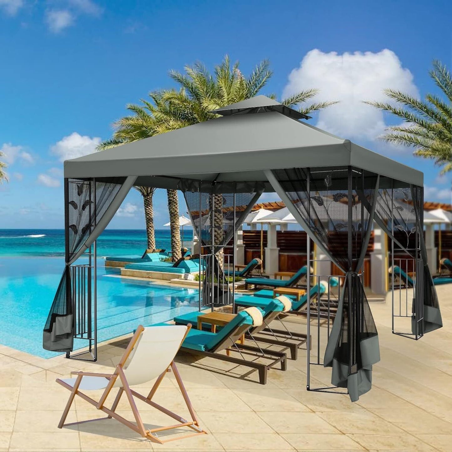 COBIZI Gazebo 10x10 Outdoor Gazebo Patio Gazebo with Mosquito Netting, Heavy Duty Gazebo Double Roof Outdoor Canopy with Sturdy Metal Frame Gazebo Tent for Patio, Deck, Backyard (Gray, New)