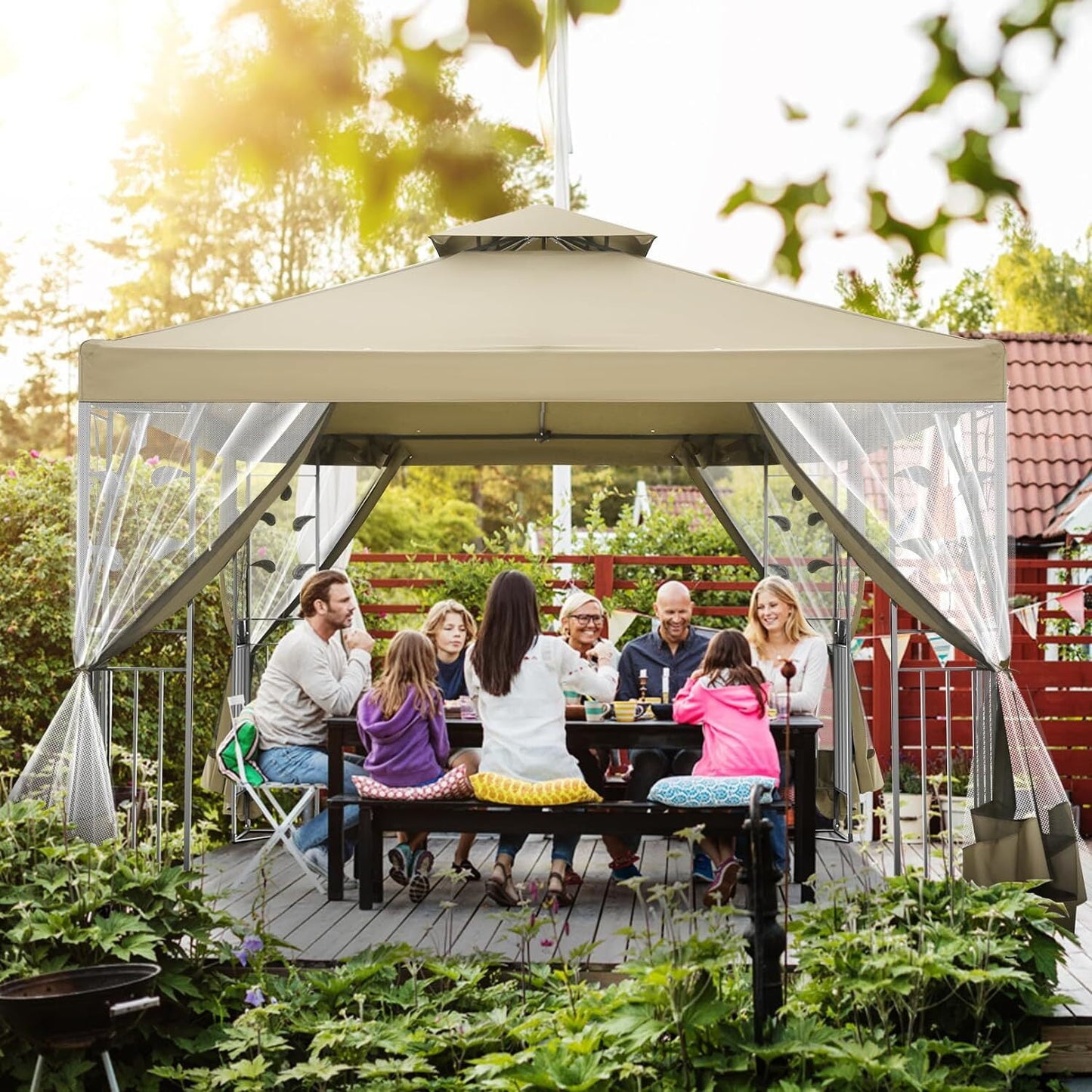 COBIZI Gazebo 10x10 Outdoor Gazebo Patio Gazebo with Mosquito Netting, Heavy Duty Gazebo Double Roof Outdoor Canopy with Sturdy Metal Frame Gazebo Tent for Patio, Deck, Backyard (Khaki, New)