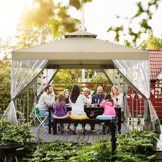 COBIZI Gazebo 10x10 Outdoor Gazebo Patio Gazebo with Mosquito Netting, Heavy Duty Gazebo Double Roof Outdoor Canopy with Sturdy Metal Frame Gazebo Tent for Patio, Deck, Backyard (Khaki, New)