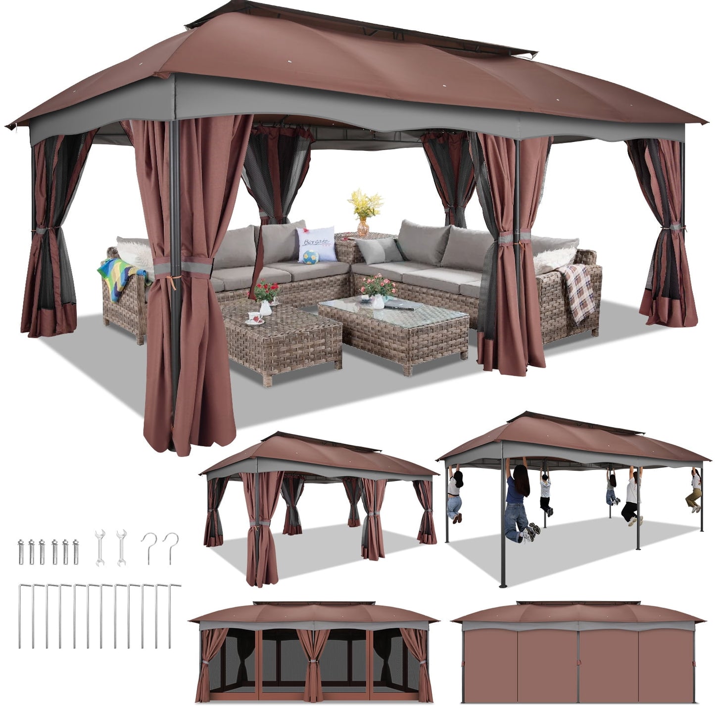 COBIZI Gazebo 12x20 Heavy Duty Patio Gazebo with Mosquito Netting Deck Gazebo with Metal Steel Frame Large Screen Gazebo Tent Waterproof with Double Roof for Party, Backyard, Deck, Garden, Brown