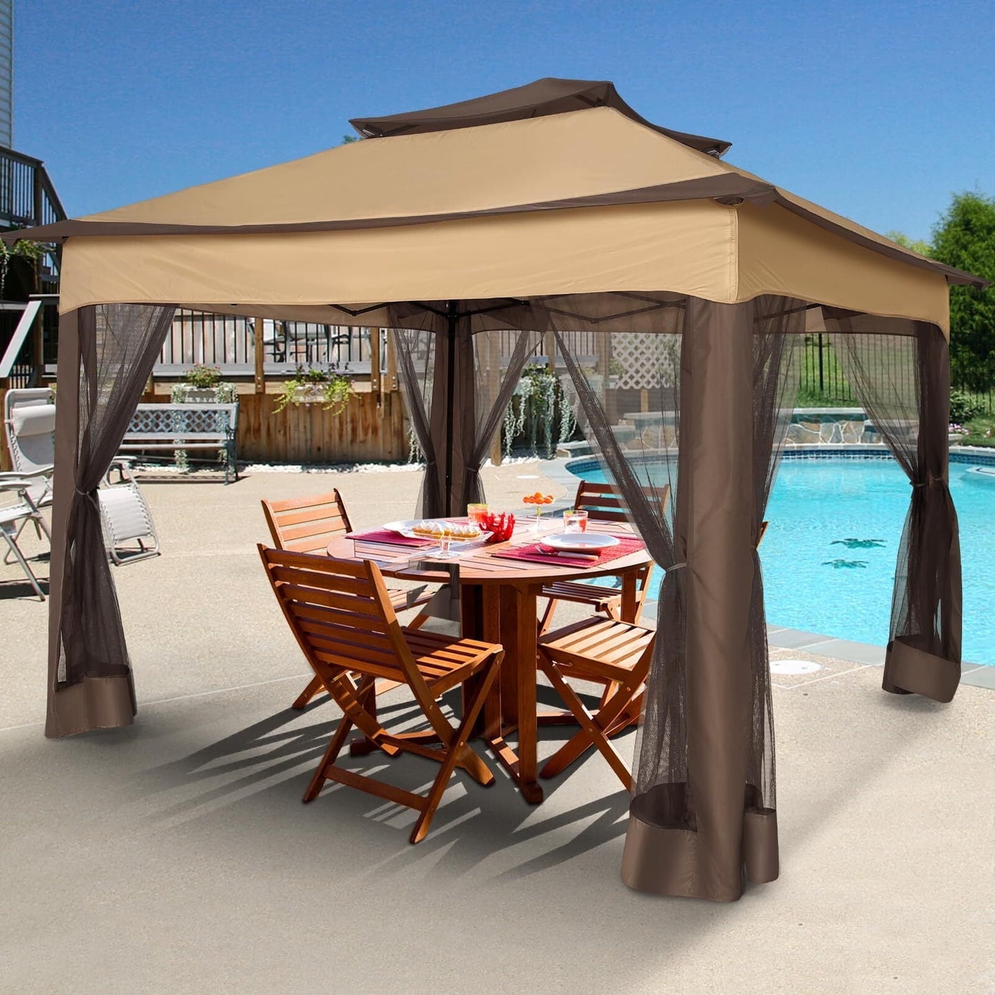 Hoteel Gazebo Canopy Tent, Pop-up Canopy 11x11 Tents for Parties, Outdoor Gazebo with Mosquito Netting and Vented Roof, Screen House for Garden Patio Backyard, Brown