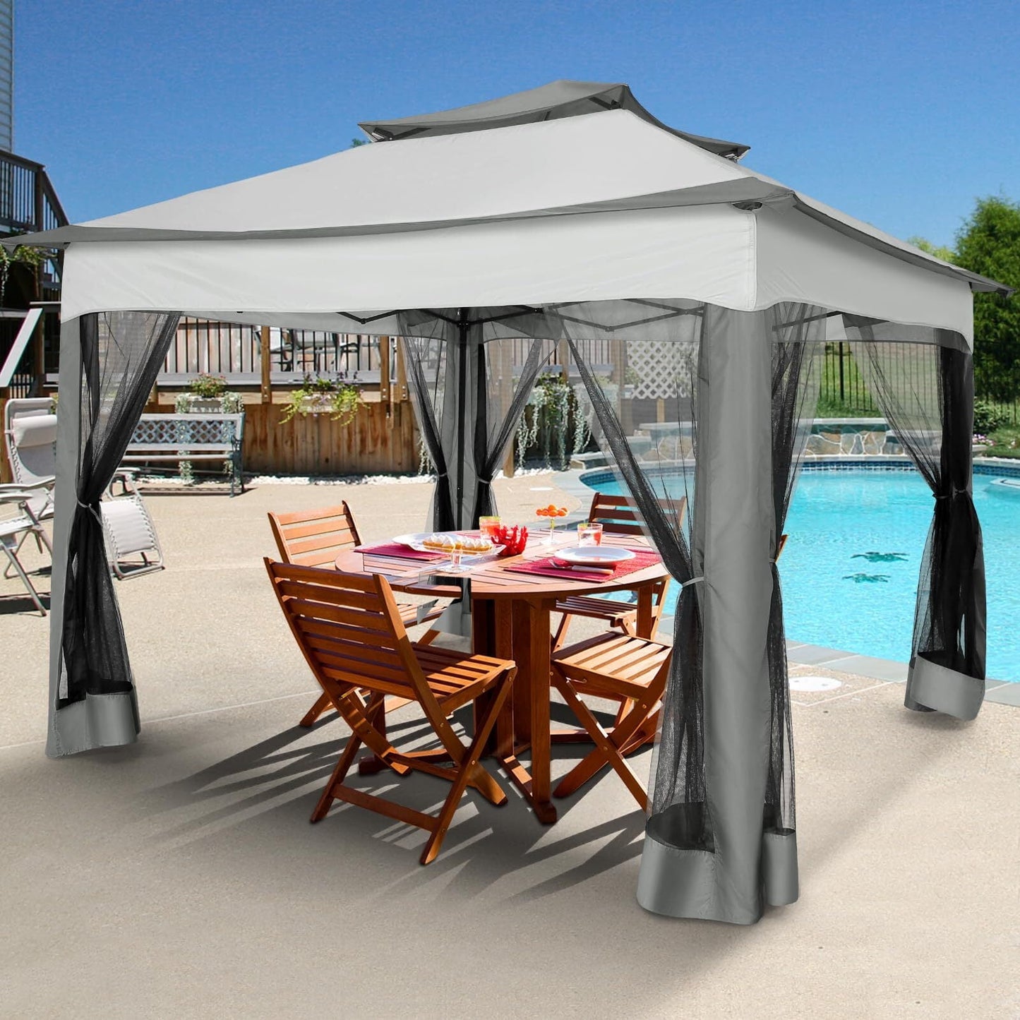 Hoteel Gazebo Canopy Tent, Pop-up Canopy 11x11 Tents for Parties, Outdoor Gazebo with Mosquito Netting and Vented Roof, Screen House for Garden Patio Backyard, Gray