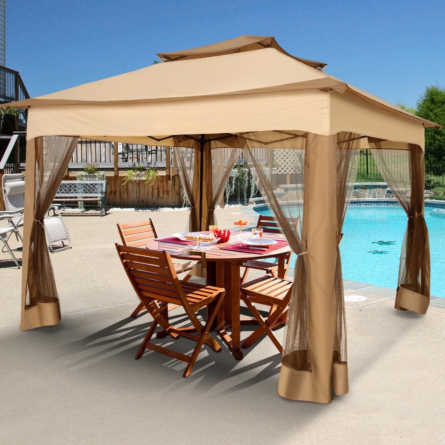 Hoteel Gazebo Canopy Tent, Pop-up Canopy 11x11 Tents for Parties, Outdoor Gazebo with Mosquito Netting and Vented Roof, Screen House for Garden Patio Backyard, Khaki